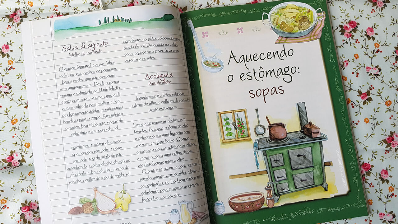 Livro Caderno de Receitas Tradicionais da Toscana aberto numa receita de sopa